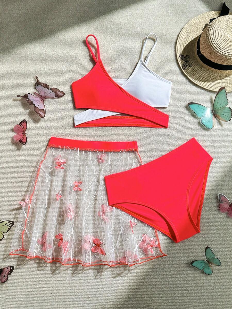 Tween Girl 3pcs Solid Color Splice Bikini Top & Bottom & Skirt Swimwear Set, Beach Outfit