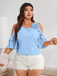 Vionelle Plus Cold Shoulder Ruffle Trim Blouse For Summer For New Year Clothes - Blue - View 6