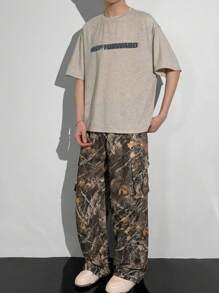 SHEIN Leap Crew 2pcs Set Teen Boys Casual Short Sleeve Top & Cargo Pants, Street Punk Rock School Outfit, Suitable For Spring & Summer, Party, Music Festival, English Letter & Camouflage Print - Multicolor - View 1