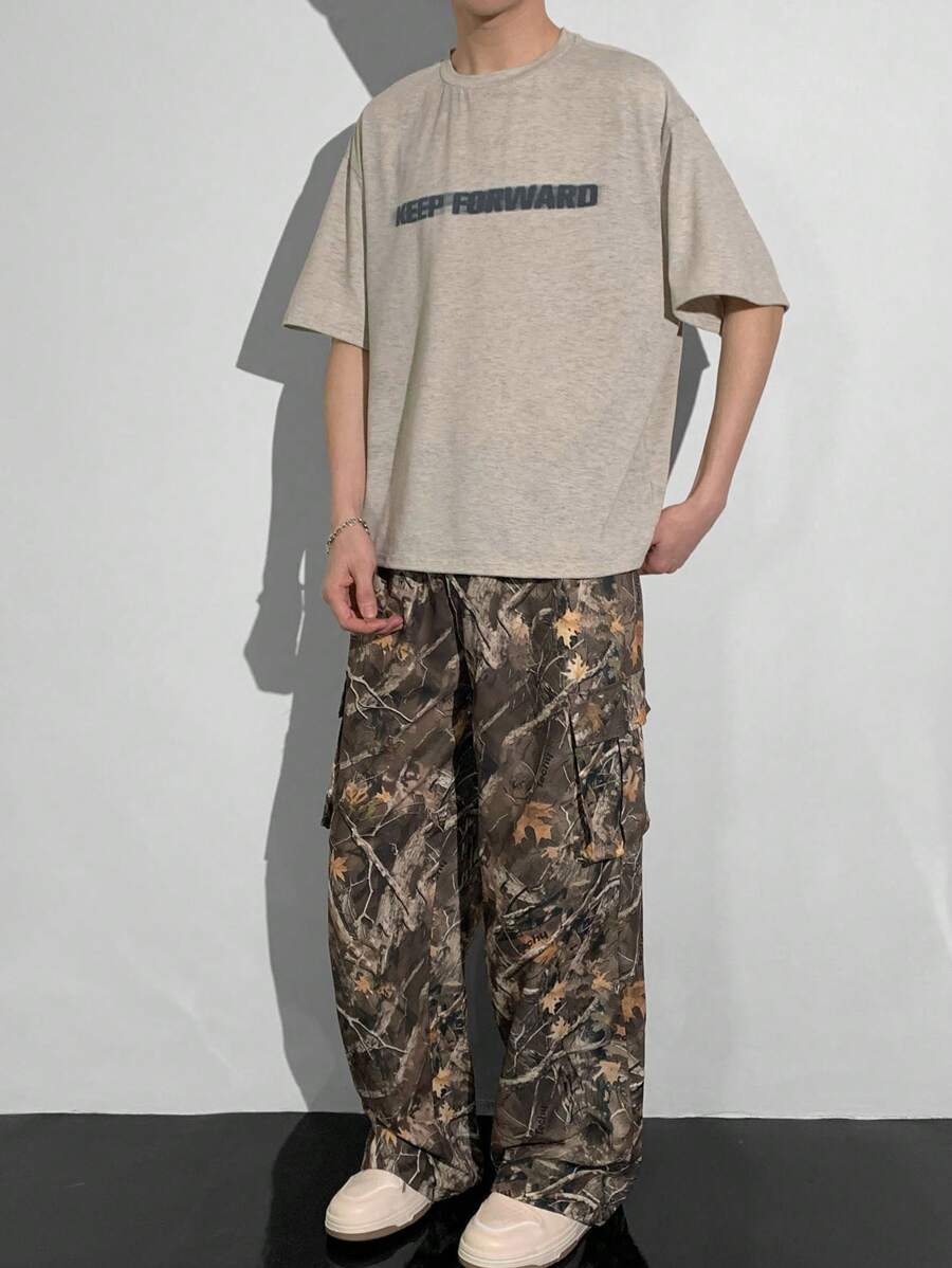 SHEIN Leap Crew 2pcs Set Teen Boys Casual Short Sleeve Top & Cargo Pants, Street Punk Rock School Outfit, Suitable For Spring & Summer, Party, Music Festival, English Letter & Camouflage Print - Multicolor - View 1