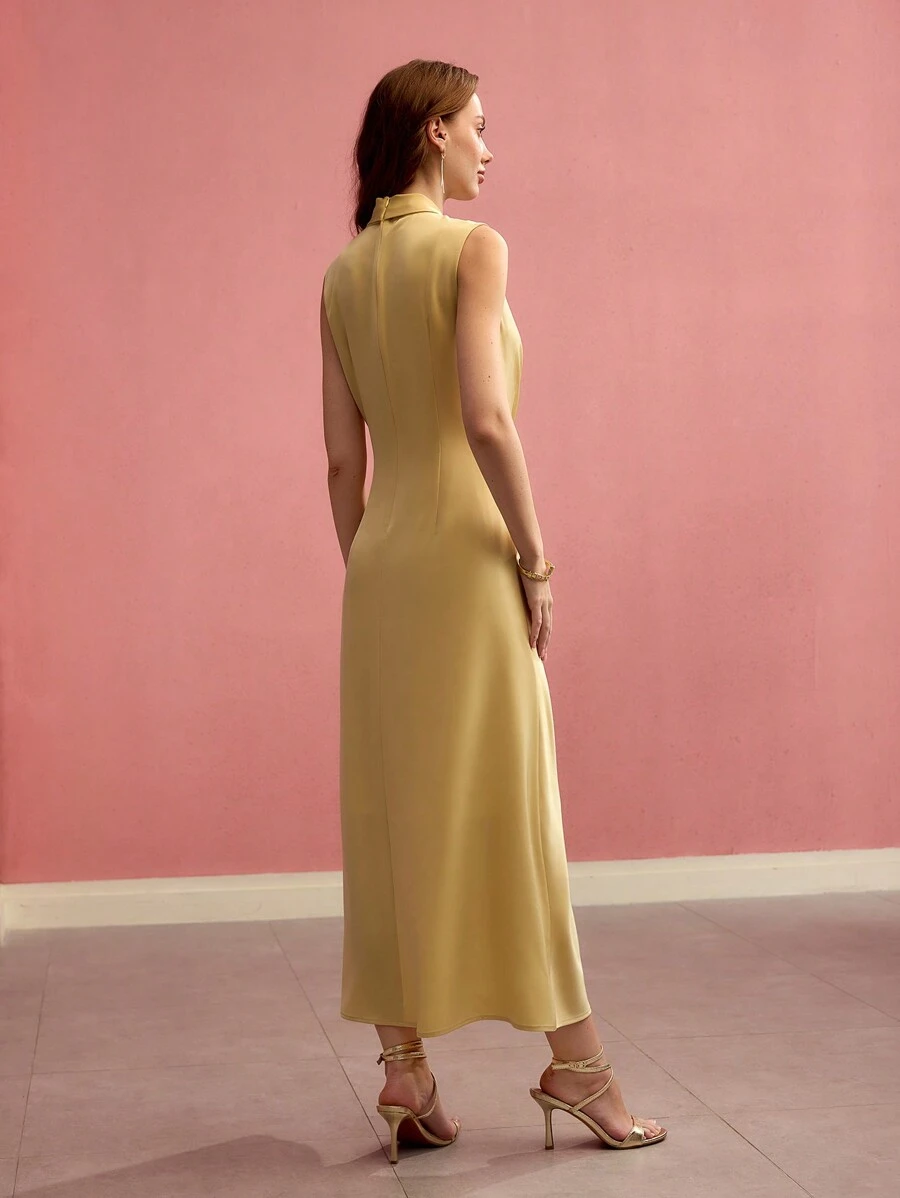 MOTF PREMIUM TWIST ASYMMETRICAL HEM SLEEVELESS DRAPED DRESS, SATIN, MIDI DRESS,SPRING/SUMMER - Yellow - View 2