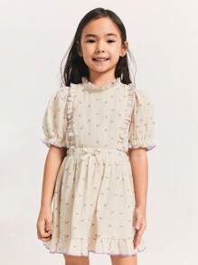 SHEIN 年轻女孩圆点印花弹性腰部撞色边饰喇叭形 A 字短裙 - 米色 - 查看 3