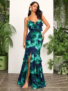 Opulessa 情人节优雅派对礼服女式梭织印花无袖荷叶边下摆连衣裙 - 綠色 - 查看 3