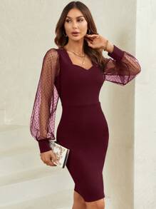 SHEIN Clasi Women's Polka Dot Mesh Puff Sleeve Bodycon Dress - Burgundy - View 3