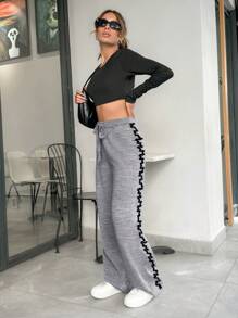 SHEIN PETITE Elegant Contrast Binding Detailed Knitted Pant - Grey - View 6