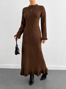 EURMUSE Elegant Raffle Hem Button Detailed Sleeves Maxi Rib Knit Sweater Dress - Brown - View 4