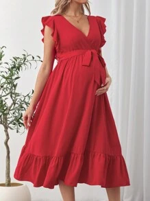 SHEIN Maternity Solid Color Crossed V-Neck Cap Sleeve Elegant Dress