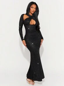 SHEIN SXY 春夏新年结婚季优雅浪漫情人节约会必备黑色亮片弹力修身长袖鱼尾裙长连衣裙 - 黑色 - 查看 4