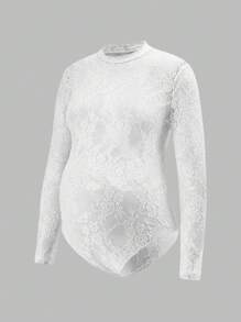 SHEIN Maternity Stand Collar Long Sleeve Lace Bodysuit, Suitable For Photo Shooting - White - View 1