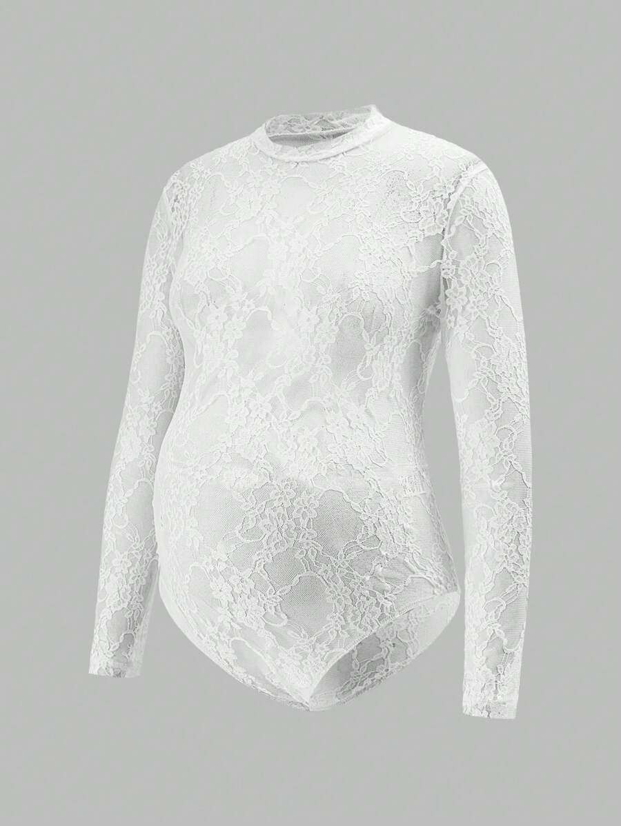 SHEIN Maternity Stand Collar Long Sleeve Lace Bodysuit, Suitable For Photo Shooting - White - View 1