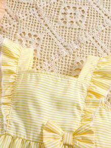 SHEIN Vintaside Kids Mono informal de rayas con volantes, lazo frontal y manga de verano para niña bebé, color amarillo, nueva llegada de primavera/verano