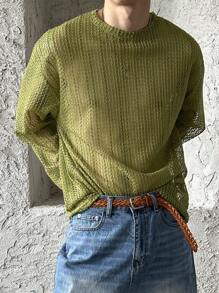 DAZY Camiseta de hombre de tela textural verde lisa, para verano