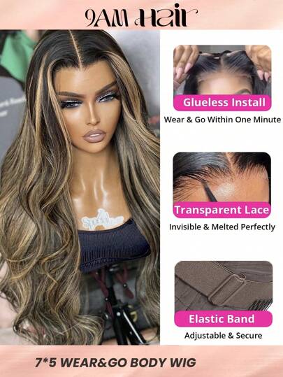 Wear And Go Glueless Highlight 1B/22 7x5 Body Wave Wigs Human Hair Pre Plucked Pre Cut Transparent Lace Closure Wigs 180% Density Beginner Friendly