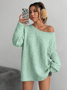 Flirla Áo len dệt kim dày màu yến mạch dáng rộng bất đối xứng cổ trễ vai cho nữ, trang phục thường ngày cho mùa thu/đông, áo len chui đầu mùa thu - màu xanh lá - Xem 4