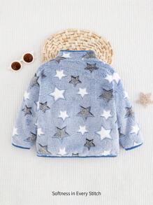 Cozy Pixies Young Boy Star Pattern Fleece Thick Long Sleeve Cardigan, Casual Versatile Suitable For Autumn And Winter