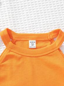SHEIN Leap Crew 少女 2 件套服装 - 纯色针织吊带背心和碎花裙套装，适合度假、节日、午餐、音乐节 - 橘色 - 查看 3