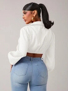 SHEIN SXY Cropped Lantern Sleeve Twist Front Sexy Blouse, Sexy Top - White - View 2