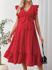 SHEIN Maternity Solid Color Crossed V-Neck Cap Sleeve Elegant Dress