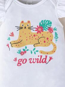 SHEIN 3 件套女婴可爱动物条纹印花连帽袖连体衣，舒适休闲户外夏季服装 - 彩色 - 查看 5