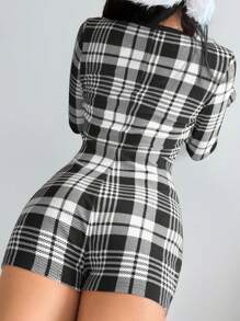 SHEIN SXY Combinaison moulante femme à col V profond à carreaux noirs et blancs - Noir et Blanc - Voir 2