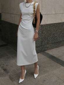 DAZY 女式圆领、宽肩带、束腰、后开衩连衣裙 Y2k 太阳裙 - 白色 - 查看 9