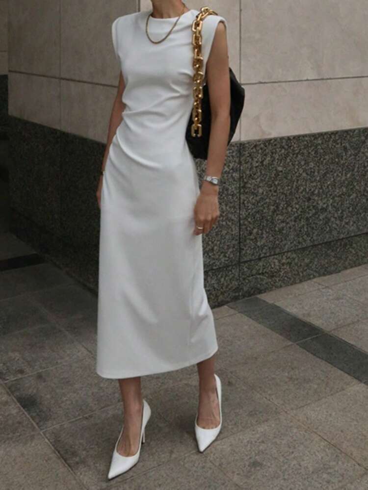 Women Round Neck, Wide Strap, Waist Cinched, Back Slit Dress Y2k Sundress Work Women Clothes