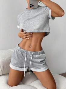 Flirla Casual Crew Neck Pullover Short Sleeve Cropped Sweatshirt With Elastic Waist Drawstring & Side Pockets, Folded Hem Shorts 2Pcs Set