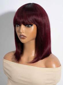 Burgundy Ombre Bob Wig With Bangs Human Hair Short Straight Bob Bang Wig With Very Light Yaki 12 Inch Wear And Go Colored Bob Wig - S1B/99J - View 3