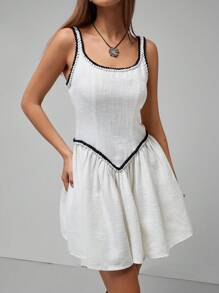 SHEIN Unity Vestido corto sin mangas de mujer elegante con cinturón de cuerda retorcida de contraste, para primavera/otoño - Beis - Ver 2