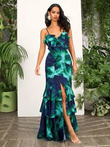 Opulessa 情人节优雅派对礼服女式梭织印花无袖荷叶边下摆连衣裙 - 綠色 - 查看 4