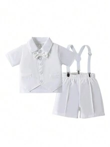SHEIN Bộ đồ sơ mi tay ngắn nơ cho bé trai và quần short trắng có dây đeo. Dễ dàng thay đồ và mặc đồ nhanh chóng, giúp cha mẹ không phải bận tâm - trắng - Xem 1