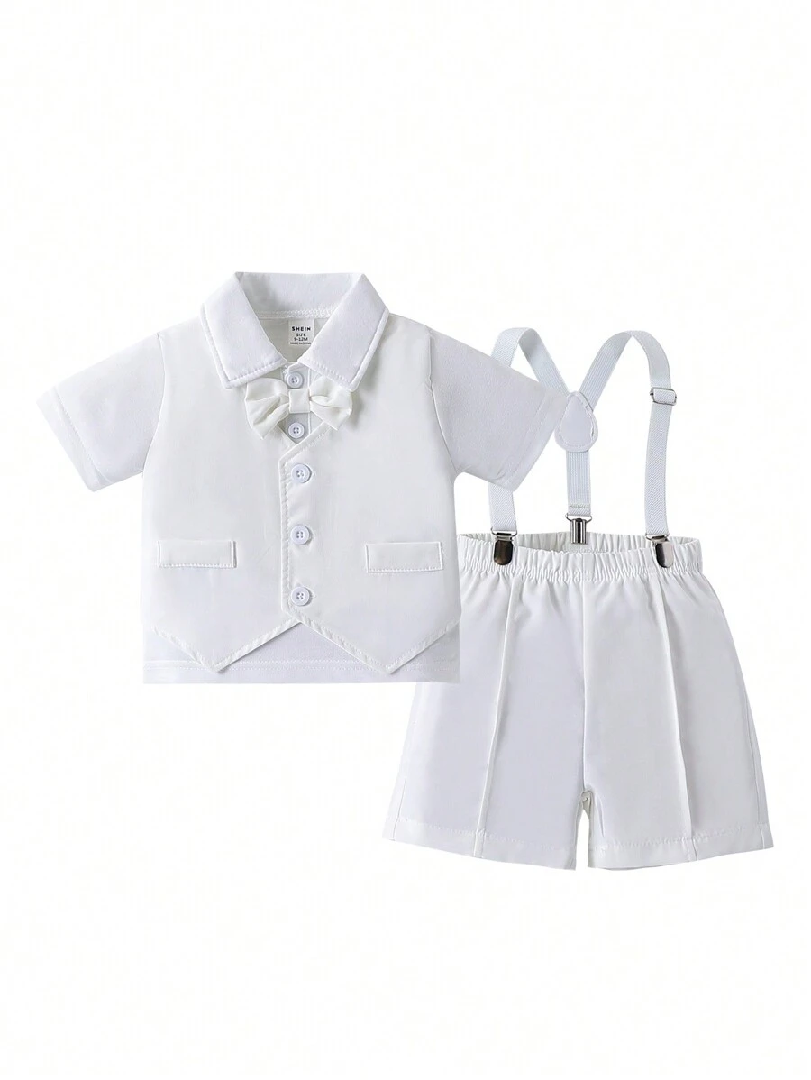 SHEIN Bộ đồ sơ mi tay ngắn nơ cho bé trai và quần short trắng có dây đeo. Dễ dàng thay đồ và mặc đồ nhanh chóng, giúp cha mẹ không phải bận tâm - trắng - Xem 1