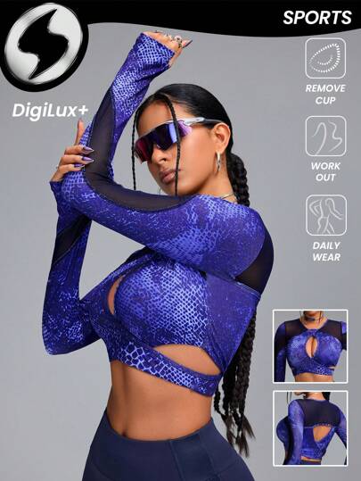 Innovista 女式 3D 曲线立体裁剪和蛇纹印花网眼面板镂空运动 T 恤上衣，性感长袖上衣，女童运动服，健身房，健身，瑜伽，日常休闲，跑步，秋季女装，运动服，跑步锻炼，核心运动蛇纹