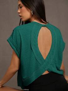 SHEIN Essnce 女士纯色露背休闲经典圆领短袖 T 恤 - 水鴨藍 - 查看 3