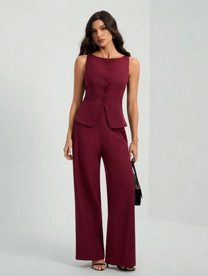 SHEIN Tall 女士纯色圆领单排扣背心和裤子优雅通勤套装，夏季秋季女装女套装办公室装商务休闲女两件套服装秋季女装办公室装女套装女式西装套装