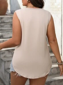 SHEIN Plus Size Women's Solid Color Simple Daily Wear Sleeveless Tank Top - Khaki - View 2