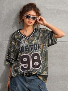 SHEIN Teen Girl Retro Street Spring And Summer,New V-Neck Camouflage Print & Letter Oversized Casual T-Shirt - Multicolor - View 3
