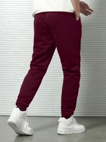 RueChic Cotton Men Letter Graphic Drawstring Waist Sweatpants - Burgundy - View 2
