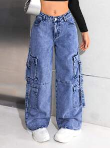 SHEIN Teen Girl Y2K Fashion Stonewashed High Waisted Baggy Straight-Leg Cargo Denim Jeans Pants With Utility Pockets Versatile Style, Girls Spring Summer Streetwear - Medium Wash - View 4
