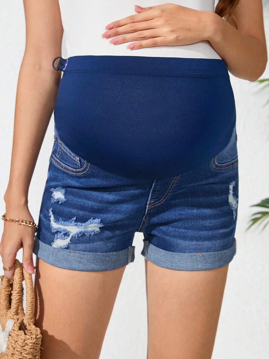 SHEIN Maternity Pocket Ripped Simple Denim Shorts, Casual Daily Wear - Dark Wash - View 1