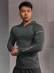 GymBeat 男士休闲字母印花长袖卫衣，超轻吸汗四向弹力面料，简约设计，修身无缝剪裁，带帽，适合运动健身，紧身衣 - 灰色 - 查看 6