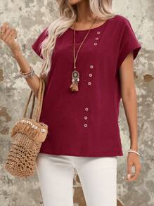 Blusa casual de verano de algodón para mujer con cuello redondo, mangas de murciélago y detalles de botones - Azul marino - Ver 5