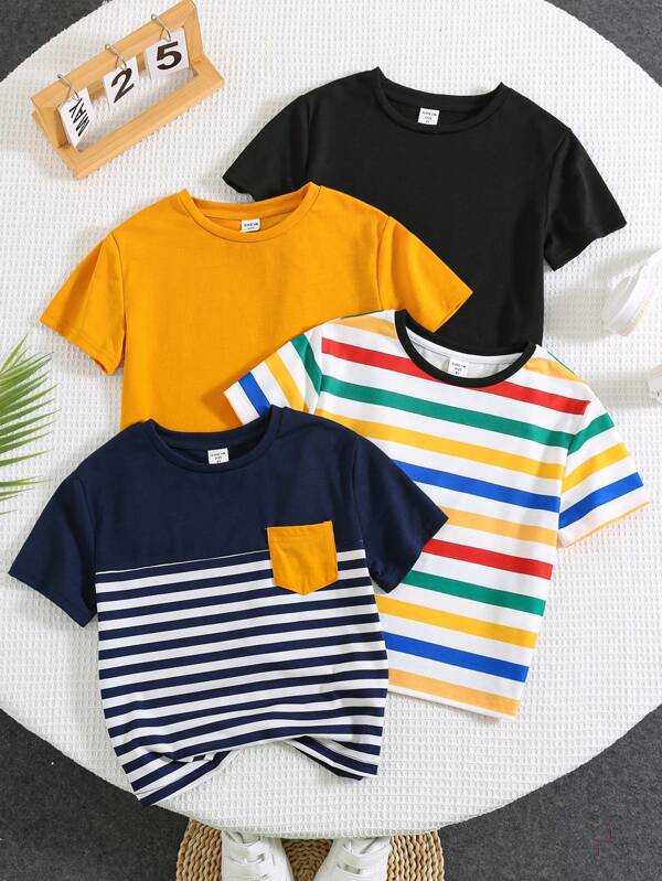 SHEIN Oferta: Compre 3 y lleve 4,Set de 4 camisetas de manga corta de cuello redondo a rayas, cómodas, económicas y versátiles para uso diario casual, aptas para primavera/verano, uso diario, deporte, salidas, escuela, reuniones, festivales, sesiones de fotos, vuelta al cole, para niños