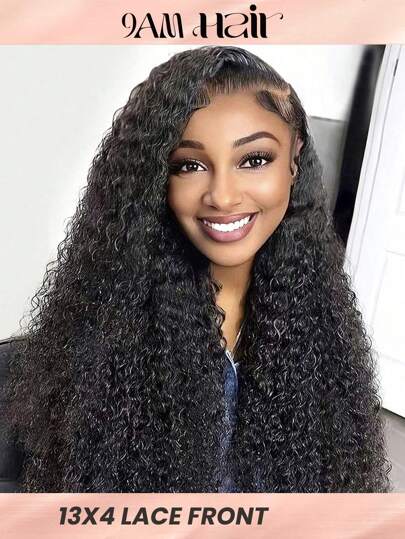 Transparent Lace Kinky Curly 13 X 4 Lace Frontal Wig 180% Density 12-26 Inch Natural Black Color Pre-Plucked Natural Hairline  Lace Human Hair Top Quality Wig For Women