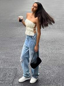 SHEIN EZwear Strapless Back Tie Bowknot And Ruffle Hem Simple Top For Summer Casual Holiday - Apricot - View 5