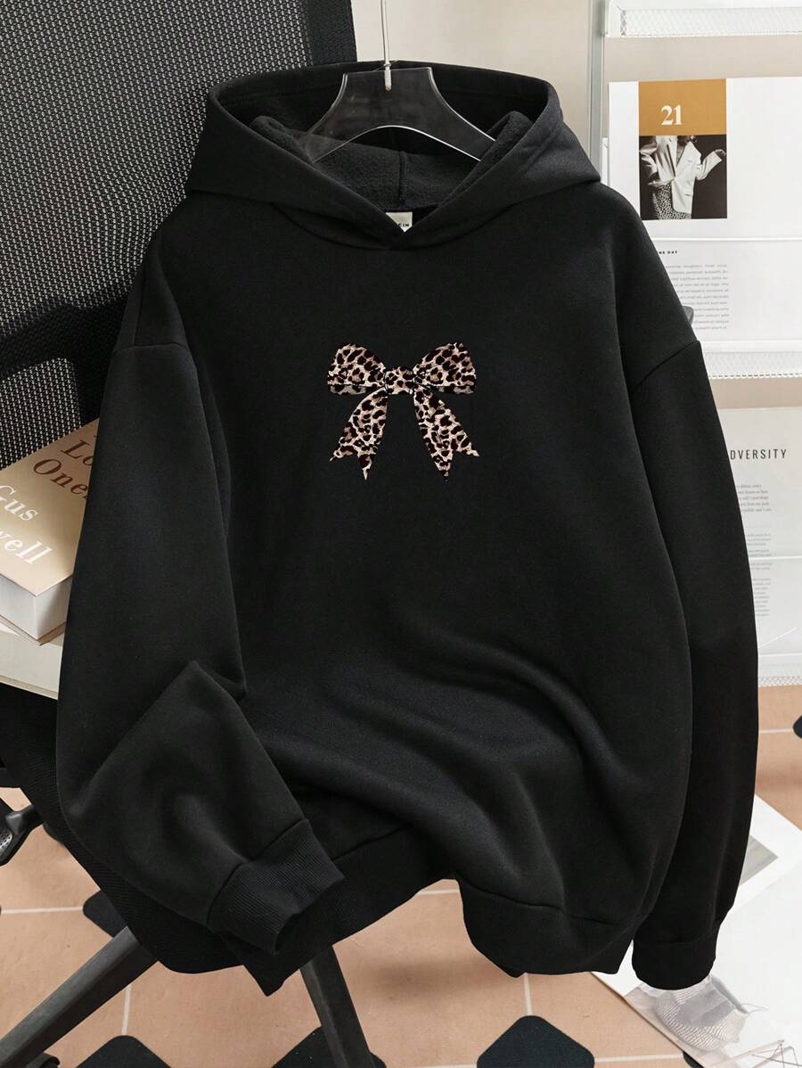 少女休闲时尚豹纹蝴蝶结装饰舒适百搭卫衣 - 黑色 - 查看 1