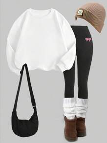 SHEIN EZwear 大码女式两件套服装 - 蝴蝶结和字母印花休闲长袖厚运动衫和裤子，适合秋冬季 - 彩色 - 查看 2