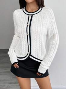 Chiquease Women's Elegant Crew Neck Multi Texture Colorblock Metal Button Pullover Sweater Knit Pullover Fall Winter - White - View 1