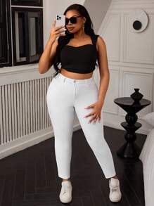 SHEIN EZwear Plus Size Plain Simple Fashion Casual Daily Denim Jeans - White - View 4