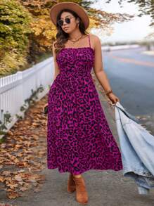 SHEIN VCAY Vestido largo estilo A con busto fruncido y estampado de leopardo, ideal para talla grande, otoño/invierno, Halloween y regreso a clases - Rosa Fucsia - Ver 3